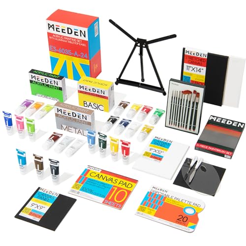 MEEDEN Deluxe Acryl Malset mit 24×120ML Acrylfarben, Aluminium Tischstaffel, 10 Pinsel, Leinwand Panels und mehr Kunstzubehör für Anfänger, Künstler von MEEDEN