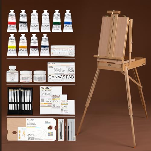 MEEDEN Staffelei Holz Groß, Kofferstaffelei Staffelei Set mit Acryl-Farben, Pinsel-Set, Leinwände,Palette, Tischstaffelei Leinwand Ständer für Künstler und Erwachsene, hält Leinwände bis zu 86cm von MEEDEN