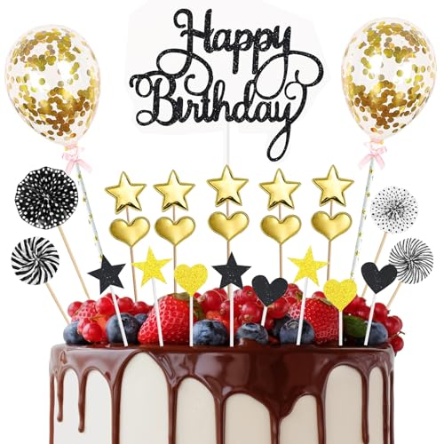 MEETOZ Happy Birthday Cake Topper, 25pcs Black Gold Glitter Happy Birthday Cake Topper with Star Heart Paper Fan Balloon, Birthday Cupcake Topper for Girls Boys Anniversary Birthday Party Decor von MEETOZ