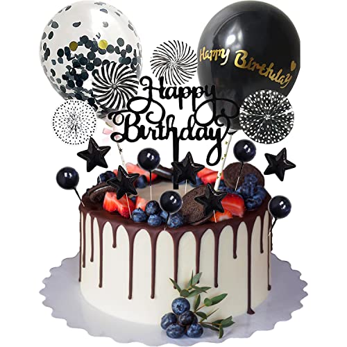 17 Stück Happy Birthday Kuchendeko Schwarz Geburtstag Tortendeko Junge Geburtstag Kuchendekoration Schwarz Sterne Cake Topper Glitzer Geburtstagstorte Kuchen Topper Mit Konfetti Luftballon (Schwarz) von meetyours