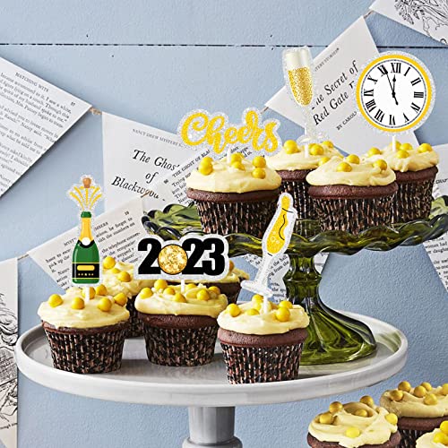 MEFENG 18 Stück Cheers 2023 Cupcake Topper – Silvester Willkommen 2023 Feier Kuchen Picks – Willkommen 2023 Party Dekorationen von MEFENG