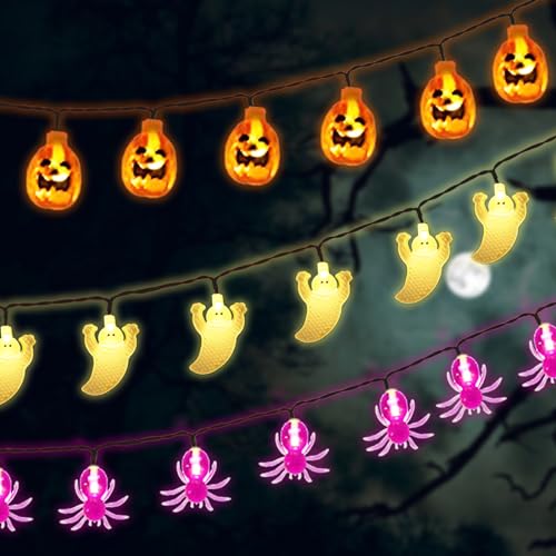 3 Stück Halloween LED Lichterkette: 2M 10LEDs Lichterkette Halloween Kürbis Lichterkette Halloween Lichterkette Spinne Geist-Halloween Licht, für Halloween Dekoration Party Gärten (Batterie nicht) von MEGYAD