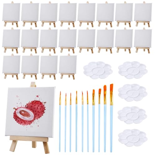 35 Stück Mini Leinwand mit Staffelei Set: 10er Pack 10x10cm Mini Staffelei Set,10 Pinsel + 5 Maltabletts, Mini Leinwände Foldable Table Easel for Paintings, Children's Arts & Crafts von MEGYAD