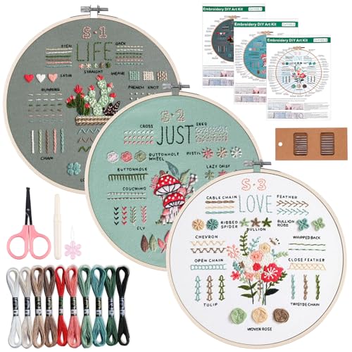 MEGYAD 3 Sets Embroidery Kit: Sticken Set Anfänger Stickerei Set Stickerei Set Pflanzen Stickset Sticken für Anfänger DIY Handgemachte Kreuzstich Set für Handwerk von MEGYAD