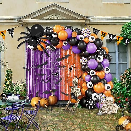 MEHOFOND 154 Stück Halloween Party Luftballons Bogen Girlande Kit Lila Orange Folie Fransenvorhang Halloween Lila Schwarz Orange Konfetti Ballons für Halloween Geburtstag Party Ballons Supplies von MEHOFOND