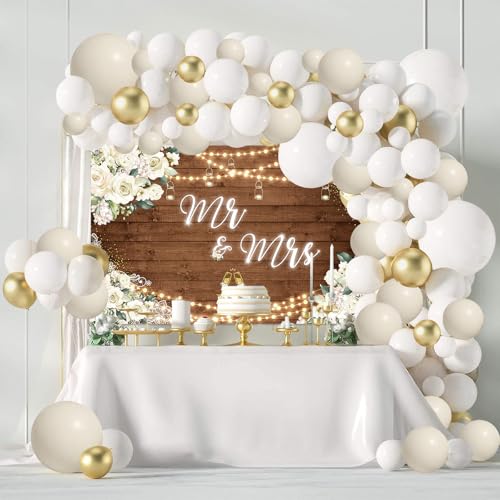 MEHOFOND Floral Mr & Mrs Verlobungsdekorationen, Weiß und Gold Ballon Kit mit Hochzeit Holz Hintergrund für Hochzeit Braut und Bräutigam Verlobte Zeremonie Jahrestag Brautdusche Party Supplies Dekor von MEHOFOND