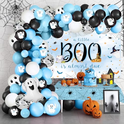 MEHOFOND Halloween Little Boo Babyparty-Dekorationen für Jungen, "A Little Boo is Almost Due Banner", blaue und schwarze Luftballons, Girlande, Bogen-Set, blaues Spinnennetz, Party-Tischdecke, Little von MEHOFOND