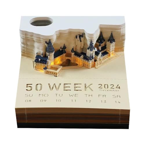 MEICHI 3D Kalender 2024, 3D Notizblock, nicht verklebt, 3D Schlossmodell Papierkunst mit glasklarem Anzeigebox, 9 x 9 x 5 cm, 150 Blätter, 3D-stereoskopische Modell-Notizblöcke von MEICHI