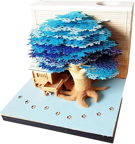 MEICHI 3D Notizblock, nicht verklebt, 3D Baumhaus (Blau) Papierkunst mit Anzeigebox glasklar, 9 x 9 x 6 cm, 260 Blätter, Tischdeco von MEICHI