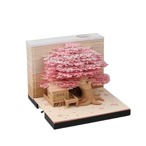 MEICHI 3D Notizblock, nicht verklebt, 3D Baumhaus (Rosa) Papierkunst mit Anzeigebox glasklar, 9 x 9 x 6 cm, 260 Blätter, Tischdeco von MEICHI