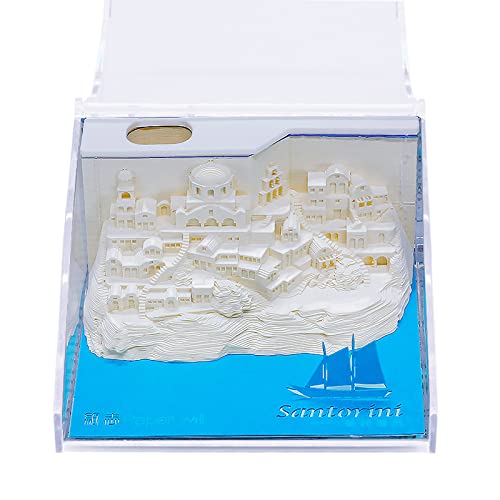 MEICHI 3D Notizblock, nicht verklebt, 3D Santorini Paper will Papierkunst mit Anzeigebox glasklar, 10.3 x 10.3 x 5.6 cm, 140 Blätter, Tischdeco von MEICHI