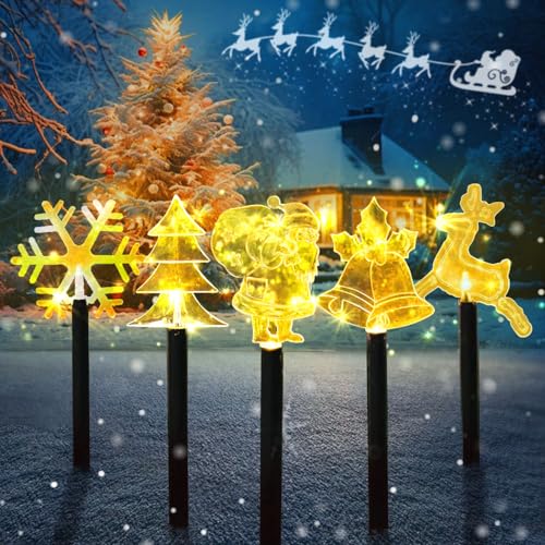 LED Gartenstecker Weihnachten,5 Stück Weihnachtsbeleuchtung Außen Acryl,Gartenleuchte Weihnachten,LED Garten Leuchtstäbe,Weihnachtsbeleuchtung Garten für Außen Batterie Betrieben(Warmes Weiß) von MEISHANG