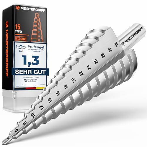 MEISTERGRIFF® Stufenbohrer [15 Stufen | Ø 4-32mm] für Metall, Edelstahl, Kunststoff, Holz - Hochwertiger HSS Kegelbohrer - 10mm Schaft für jedes Bohrfutter - Schälbohrer von MEISTERGRIFF