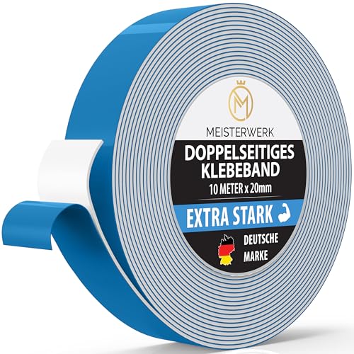 MEISTERWERK Doppelseitiges Klebeband ohne Bohren - [EXTRA STARK] - Universelles Montageband I Doppelseitiges Klebeband stark I Doppelklebeband Klebeband (10m x 20mm) von MEISTERWERK