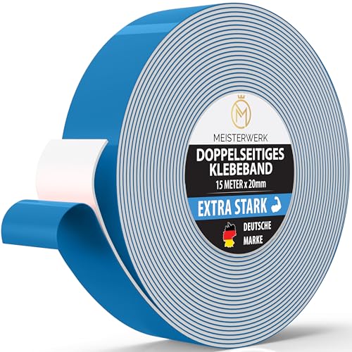 MEISTERWERK Doppelseitiges Klebeband ohne Bohren - [EXTRA STARK] - Universelles Montageband I Doppelseitiges Klebeband stark I Doppelklebeband Klebeband (15m x 20mm) von MEISTERWERK