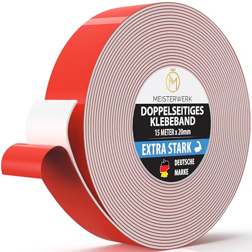 MEISTERWERK Doppelseitiges Klebeband ohne Bohren - [EXTRA STARK] - Universelles Montageband I Doppelseitiges Klebeband stark I Doppelklebeband Klebeband (15m x 20mm) von MEISTERWERK