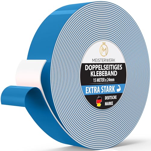 MEISTERWERK Doppelseitiges Klebeband ohne Bohren - [EXTRA STARK] - Universelles Montageband I Doppelseitiges Klebeband stark I Doppelklebeband Klebeband (15m x 24mm) von MEISTERWERK