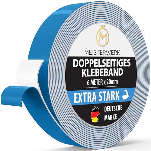 MEISTERWERK Doppelseitiges Klebeband ohne Bohren - [EXTRA STARK] - Universelles Montageband I Doppelseitiges Klebeband stark I Doppelklebeband Klebeband (6m x 20mm) von MEISTERWERK