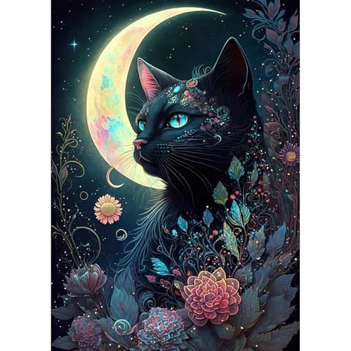 MEIYUDA 5D Diamond Painting Bilder Erwachsene Kinder Mondkatze Blumen, Diamant Painting Bilder Diy Set Bild, Malerei Kristall Diamond Painting Set Erwachsene für Home Wand Décor 30x40cm von MEIYUDA