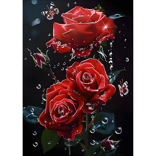 MEIYUDA 5D Diamond Painting Bilder Erwachsene Rote Blumen, Diamond Painting Set Bild Schmetterling, Diamant Painting Bilder Bastelset Erwachsene Kinder Malerei Stickerei für Home Wand Décor 30x40cm von MEIYUDA