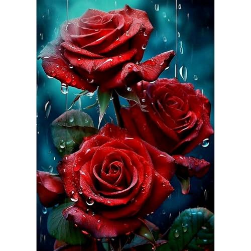 MEIYUDA 5D Diamond Painting Bilder Erwachsene Rote Rose im Regen, Diamond Painting Set Bild, Diamant Painting Bilder Bastelset Erwachsene Kinder Malerei Stickerei für Home Wand Décor 30x40cm von MEIYUDA