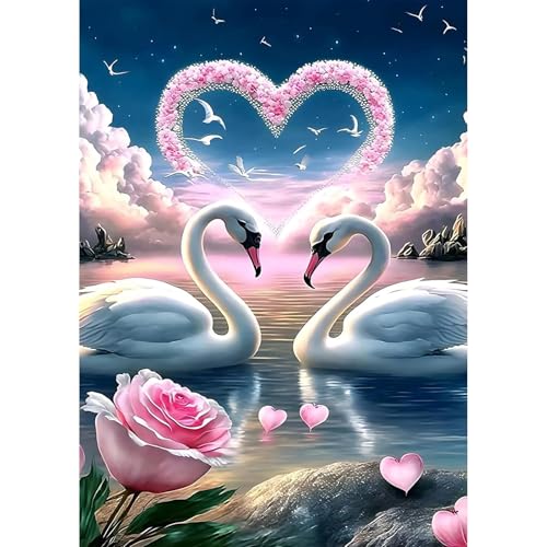 MEIYUDA 5D Diamond Painting Bilder Erwachsene White Swan, Diamond Painting Set Bild Love, Diamant Painting Bilder Bastelset Erwachsene Kinder Malerei Stickerei für Home Wand Décor 30x40cm von MEIYUDA