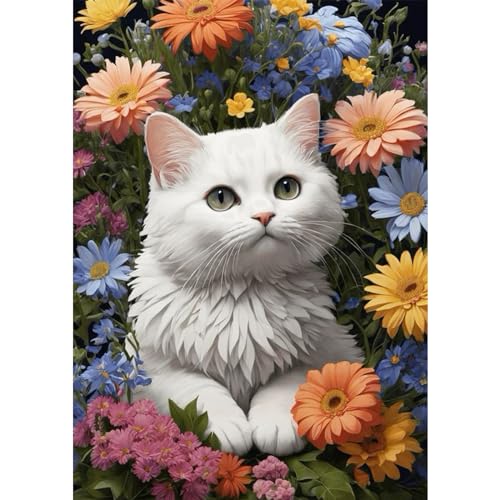 MEIYUDA 5D Diamond Painting Erwachsene Kits, DIY Diamond Painting Bilder Katze, Blume Malen Nach Zahlen Full Drill Cross Stickerei Malerei Kits für Home Wand Décor 30x40cm von MEIYUDA