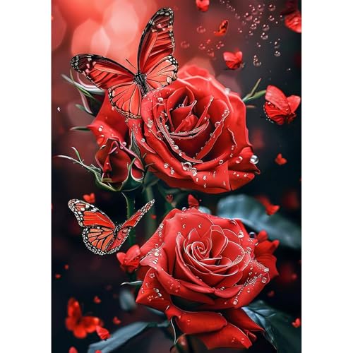 MEIYUDA Diamond Painting Erwachsene Bilder Rote Blumen, 5D DIY Diamant Painting Bilder Diamond Painting Set Schmetterling, Bastelset Erwachsene Kinder Malerei Stickerei für Home Wand Décor 30x40cm von MEIYUDA