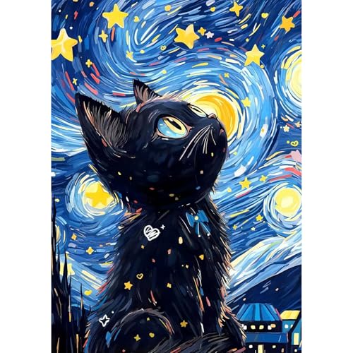 MEIYUDA Diamond Painting Erwachsene Diamant Bilder Sternennacht Katze, 5D DIY Diamant Painting Bilder Diamond Painting Set, Bastelset Erwachsene Kinder Malerei Stickerei für Home Wand Décor 30x40cm von MEIYUDA