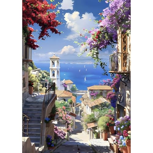 MEIYUDA Diamond Painting Erwachsene Diamant Bilder Straßenszenerie, 5D DIY Diamant Painting Bilder Diamond Painting Set Die Treppe zum Meer, Bastelset Erwachsene Kinder für Home Wand Décor 30x40cm von MEIYUDA