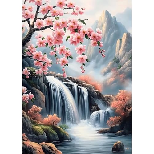 MEIYUDA Diamond Painting Erwachsene Diamant Bilder Wasserfall und Blumen, 5D DIY Diamant Painting Bilder Diamond Painting Set, Bastelset Erwachsene Kinder Malerei für Home Wand Décor 30x40cm von MEIYUDA