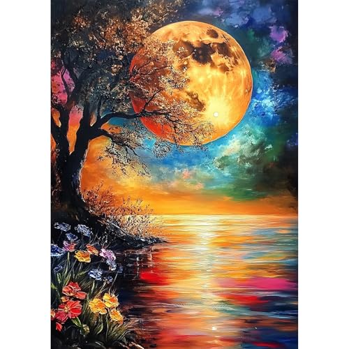 MEIYUDA Diamond Painting Mond, 5D Diamond Painting Erwachsene Kinder Nacht am See, DIY Set Erwachsene Diamant Painting Bilder, DIY Handwerk Malerei Kits für Home Wand Décor 30x40cm von MEIYUDA