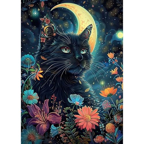 MEIYUDA Diamond Painting Mondblumen Katze, 5D Diamond Painting Erwachsene Kinder Diamond Painting, DIY Set Erwachsene Diamant Painting Bilder, DIY Handwerk Malerei Kits für Home Wand Décor 30x40cm von MEIYUDA