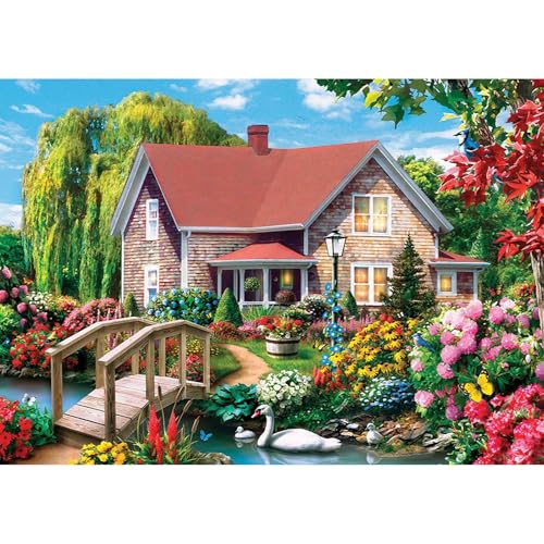 MEIYUDA Diamond Painting Rotes Haus, 5D Diamond Painting Erwachsene Kinder Fluss mit Schwänen, DIY Set Erwachsene Diamant Painting Bilder, DIY Handwerk Malerei Kits für Home Wand Décor 40x30cm von MEIYUDA