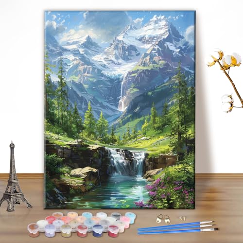 MEIYUDA Malen Nach Zahlen Erwachsene Berge, Wasserfall DIY Digitales Ölgemälde-Set auf Leinwand mit Pinseln und Acrylpigment Bastelset, Artwork für Heimdekoration Geschenk 30x40cm(Ohne Rahmen) von MEIYUDA