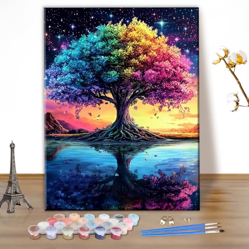 MEIYUDA Malen Nach Zahlen Erwachsene Bunter Baum des Lebens, DIY Digitales Ölgemälde-Set auf Leinwand mit Pinseln und Acrylpigment Bastelset, Artwork für Heimdekoration Geschenk 30x40cm(Ohne Rahmen) von MEIYUDA