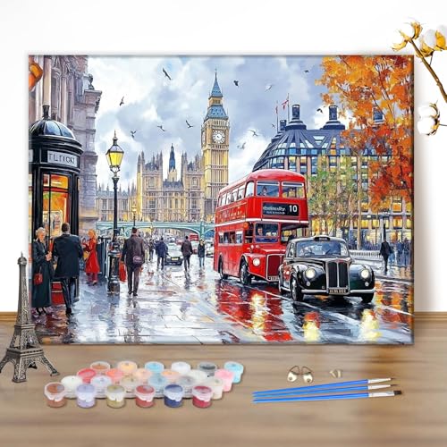 MEIYUDA Malen Nach Zahlen Erwachsene Londoner Stadtansicht, DIY Set Handgemalt Ölgemälde Kit für Anfänger und Erwachsene Mit 3 Pinseln und Acrylfarbe, Geschenke und Home Haus Deko 40x30cm(Ohne Rahmen) von MEIYUDA