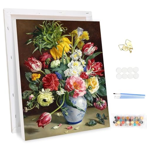 MEIYUDA Malen Nach Zahlen Erwachsene mit Rahmen, Diy Set Erwachsene Blumen in Blau-weißer Vase Bastelset, 3 Pinsels Und Acrylfarbe Diy Handgemalt öLgemäLde Kit Als Geschenk und Home Haus Deko 30x40cm von MEIYUDA