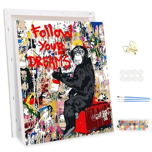 MEIYUDA Malen Nach Zahlen Erwachsene mit Rahmen, Diy Set Erwachsene Monkey Street Graffiti Bastelset, 3 Pinsels Und Acrylfarbe Diy Handgemalt öLgemäLde Kit Als Geschenk und Home Haus Deko 30x40cm von MEIYUDA