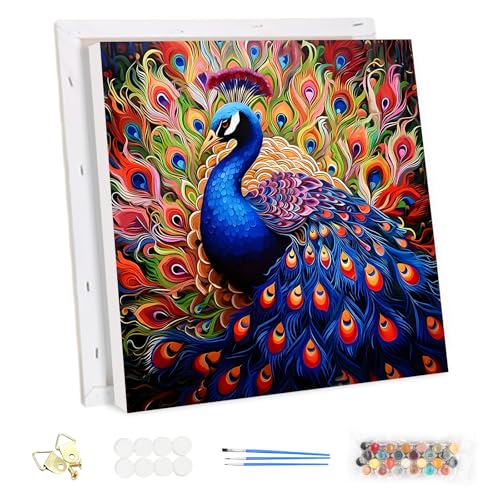 MEIYUDA Malen Nach Zahlen Erwachsene mit Rahmen, Diy Set Erwachsene Regenbogen Pfau Bastelset, 3 Pinsels Und Acrylfarbe Diy Handgemalt öLgemäLde Kit Als Geschenk und Home Haus Deko 30x30cm von MEIYUDA