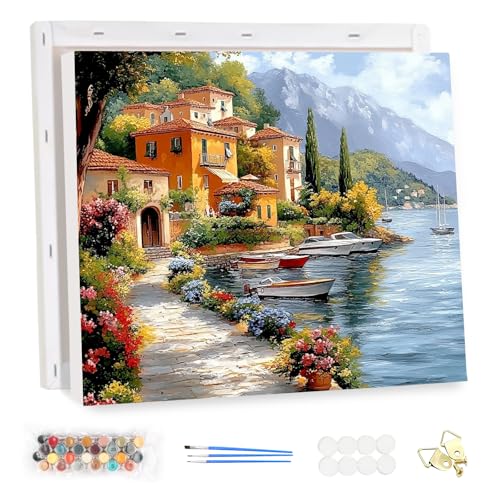 MEIYUDA Malen Nach Zahlen Erwachsene mit Rahmen, Diy Set Erwachsene Stadt am Meer Bastelset, 3 Pinsels Und Acrylfarbe Diy Handgemalt öLgemäLde Kit Als Geschenk und Home Haus Deko 40x30cm von MEIYUDA