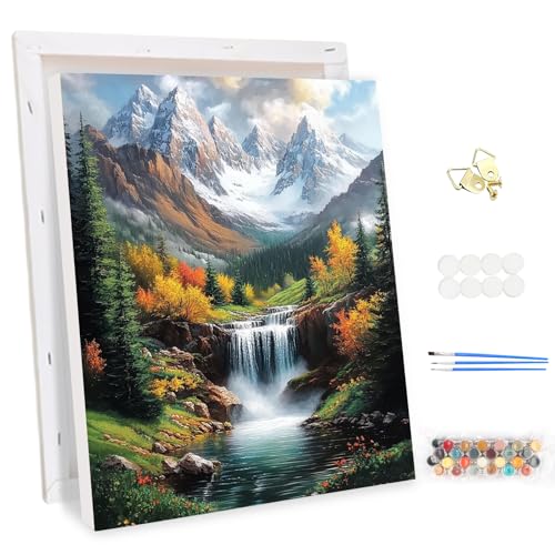 MEIYUDA Malen Nach Zahlen Erwachsene mit Rahmen Berg-Wasserfall, DIY Set Handgemalt Ölgemälde Kit für Anfänger und Erwachsene Mit 3 Pinseln und Acrylfarbe, Geschenke und Home Haus Deko 30x40cm von MEIYUDA