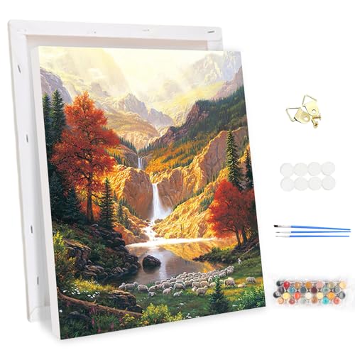 MEIYUDA Malen Nach Zahlen Erwachsene mit Rahmen Berge Waterfall, DIY Set Handgemalt Ölgemälde Kit für Anfänger und Erwachsene Mit 3 Pinseln und Acrylfarbe, Geschenke und Home Haus Deko 30x40cm von MEIYUDA