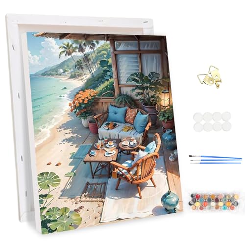 MEIYUDA Malen Nach Zahlen Erwachsene mit Rahmen Blick aufs Meer, DIY Set Handgemalt Ölgemälde Kit für Anfänger und Erwachsene Mit 3 Pinseln und Acrylfarbe, Geschenke und Home Haus Deko 30x40cm von MEIYUDA