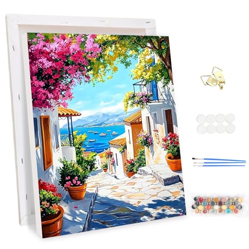 MEIYUDA Malen Nach Zahlen Erwachsene mit Rahmen Blick aufs Meer Blumen, DIY Set Handgemalt Ölgemälde Kit für Anfänger und Erwachsene Mit 3 Pinseln und Acrylfarbe, Geschenke und Home Haus Deko 30x40cm von MEIYUDA