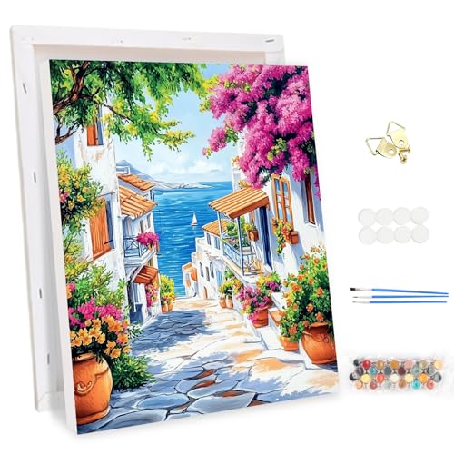 MEIYUDA Malen Nach Zahlen Erwachsene mit Rahmen Blumen, DIY Set Erwachsene Blick aufs Meer Bastelset, 3 Pinsels Und Acrylfarbe DIY öLgemäLde Kit Als Geschenk und Home Haus Deko 30x40cm(Geschenk-Box) von MEIYUDA