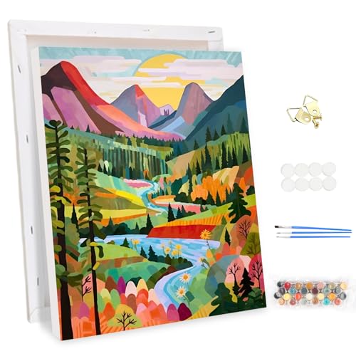 MEIYUDA Malen Nach Zahlen Erwachsene mit Rahmen Bunte Berge, DIY Digitales Ölgemälde-Set auf Leinwand mit Pinseln und Acrylpigment Bastelset Sonnenaufgang, Artwork für Heimdekoration Geschenk 30x40cm von MEIYUDA