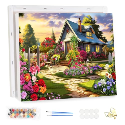 MEIYUDA Malen Nach Zahlen Erwachsene mit Rahmen Buntes Haus der Blumen, DIY Set Handgemalt Ölgemälde Kit für Anfänger und Erwachsene Mit 3 Pinseln und Acrylfarbe, Geschenke und Home Haus Deko 40x30cm von MEIYUDA