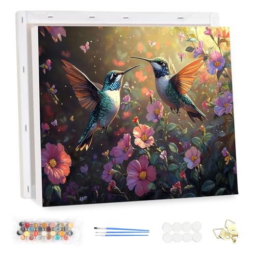 MEIYUDA Malen Nach Zahlen Erwachsene mit Rahmen Kolibris Blumen, Paint by Numbers Malen Nach Zahlen, DIY Set mit Pinseln und Acrylfarben Ölgemälde Leinwand für Home Décor 40x30cm(Geschenk-Box) von MEIYUDA