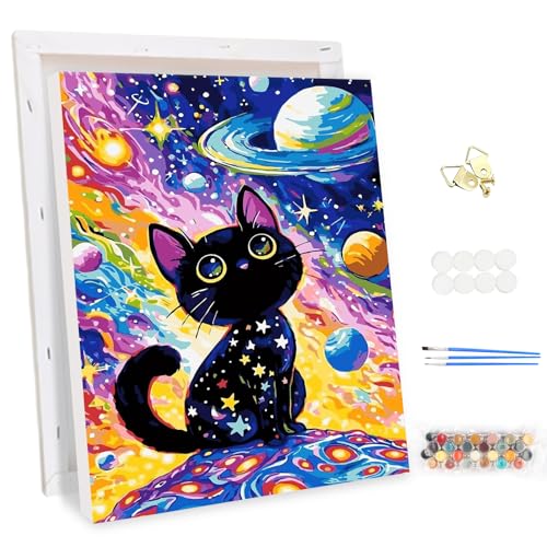 MEIYUDA Malen Nach Zahlen Erwachsene mit Rahmen Kosmische Katze, DIY Digitales Ölgemälde-Set auf Leinwand mit Pinseln und Acrylpigment Bastelset, Artwork für Heimdekoration Geschenk 30x40cm von MEIYUDA